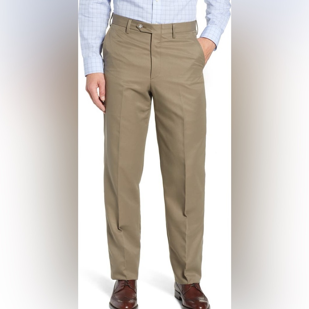 Berle Khaki Men’s 36 Classic Dress Microfiber Flat Front Unhemmed Trousers